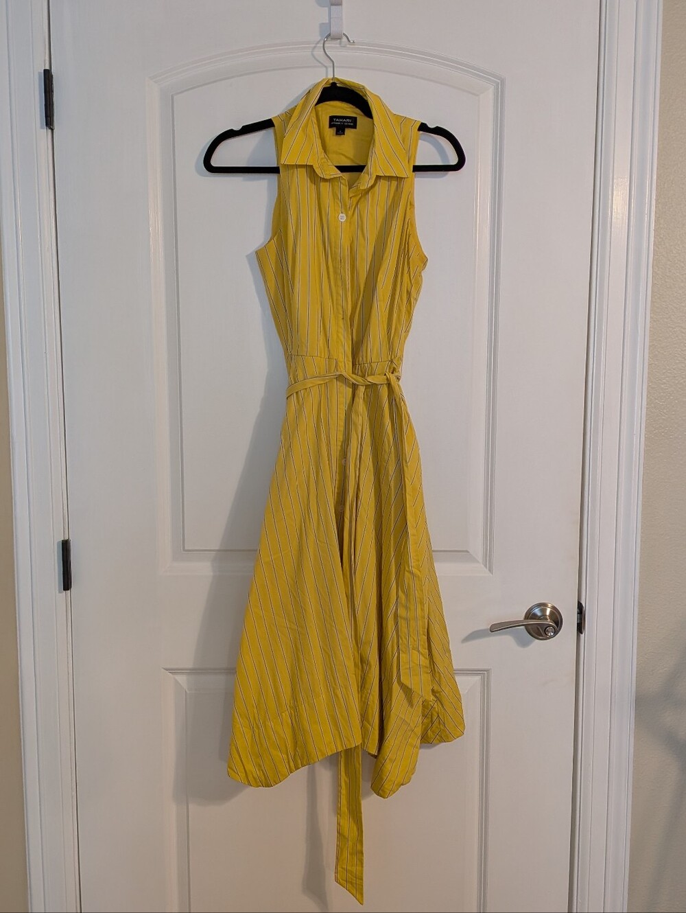 Yellow Pinstripe Tahari Sleeveless Shirtdress 2 With Pockets